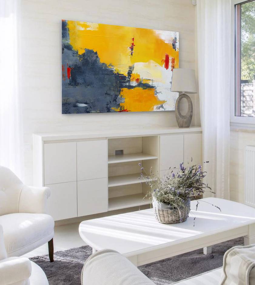 White Canvas Gray Yellow Abstract Canvas Artwork D7EH0 wall art